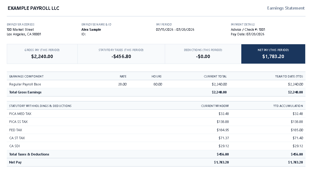 Corporate Navy pay stub template preview