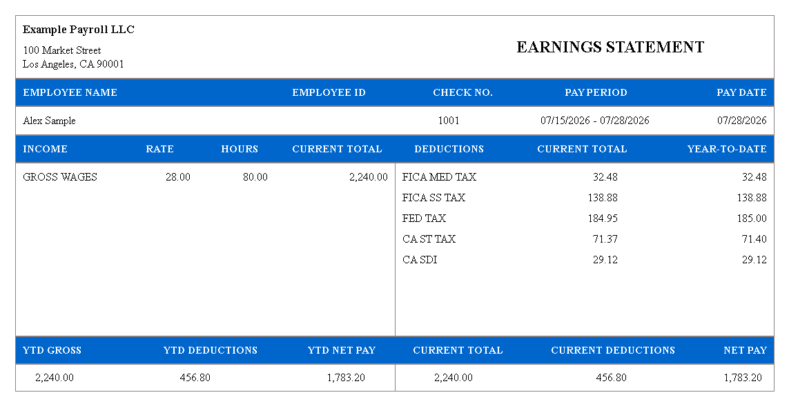 Classic Blue pay stub template preview