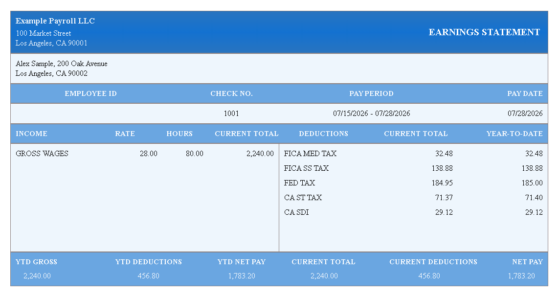 ADP-style Blue pay stub template preview