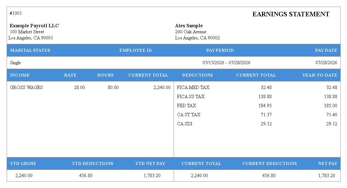 Long Blue pay stub template preview