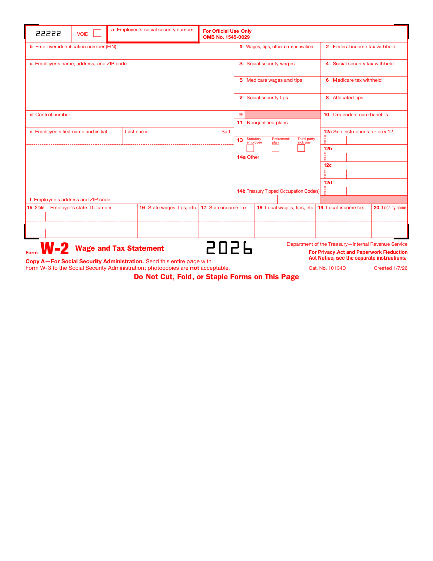 Sample W-2 form preview